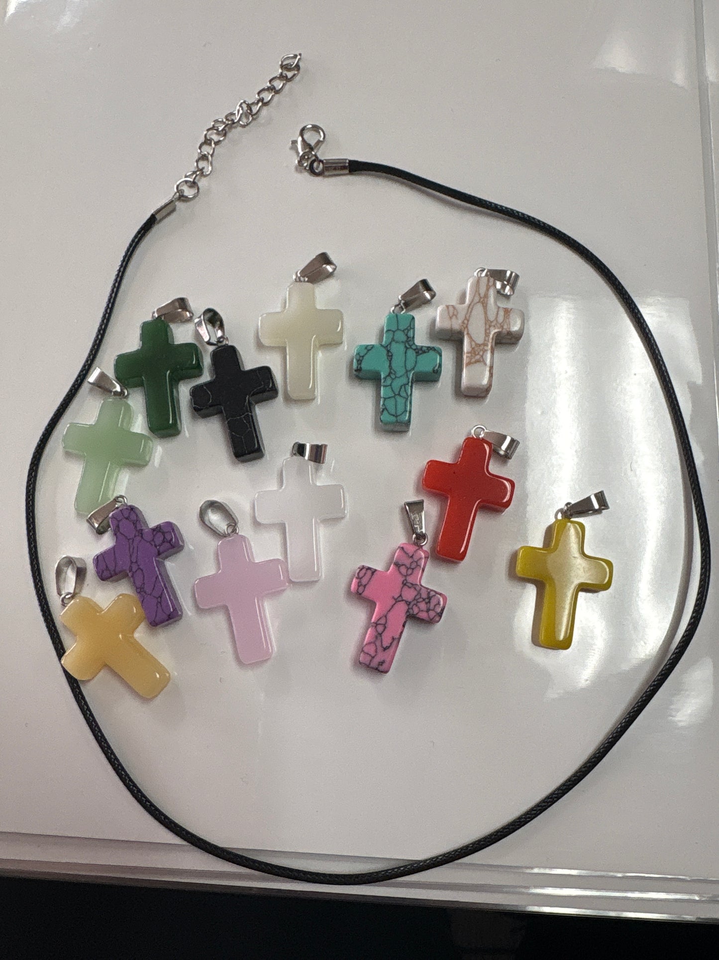 Faux Stone Cross pendant with black cord necklace