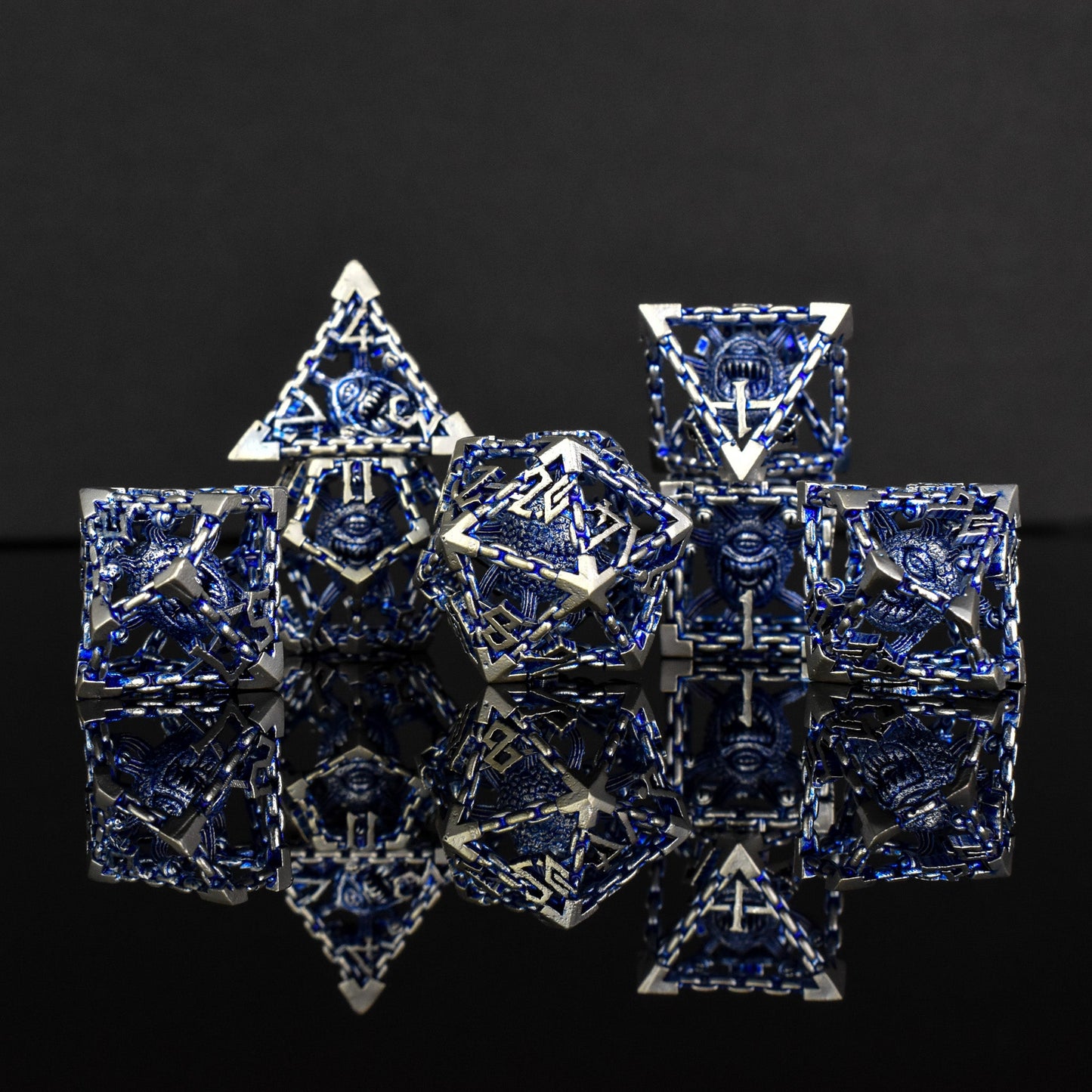 Beholder's Gates Hollow Metal Dice Set - Blue and Silver